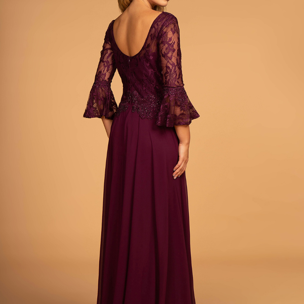 Lace Bodice 3/4 Sleeve Chiffon Long Dress GL2521 - Picture 2 of 3